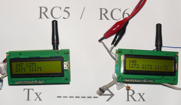 433 MHz transmission of 1 byte and 3 integers by means of RC5/RC5 protocol<br />Remark: The LCD of the receiver is quicker compared to the transmitter!
